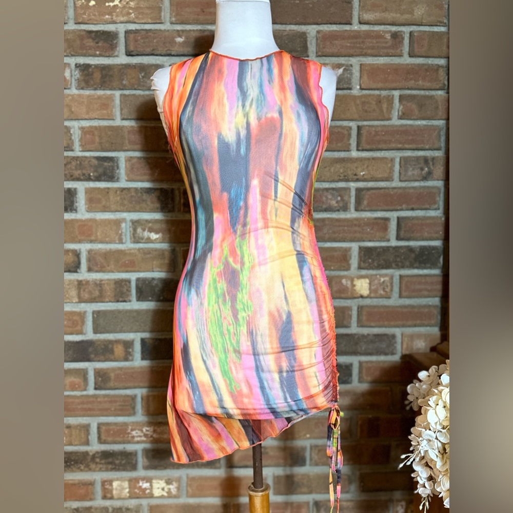 Molly King For SNDYS. SIZE 4 Watercolor Sheet Mesh Rutched Dress Cover-Up